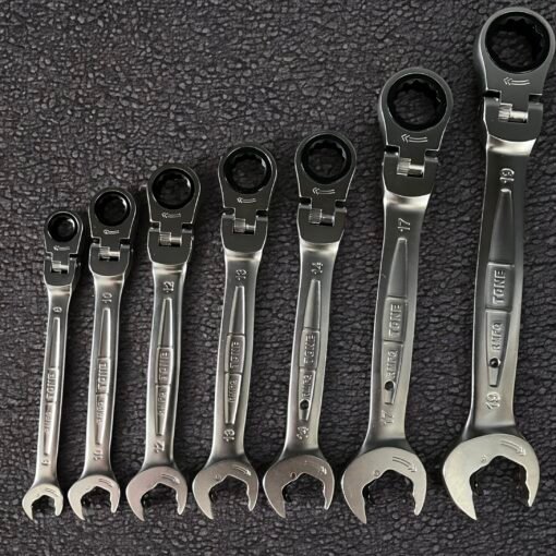 Tone RMFQ700 Flex-head box ratchet wrench set with quick-ratchet open end
