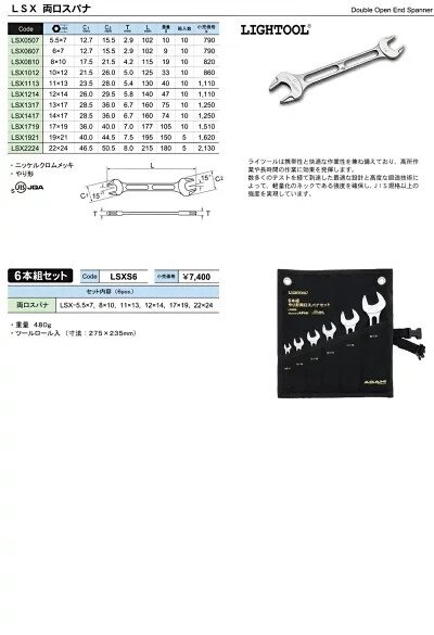 Asahi LSXS6 LIGHTOOL 6-pc Double open end wrench set - 5.5x7mm - 22x24mm - Image 2