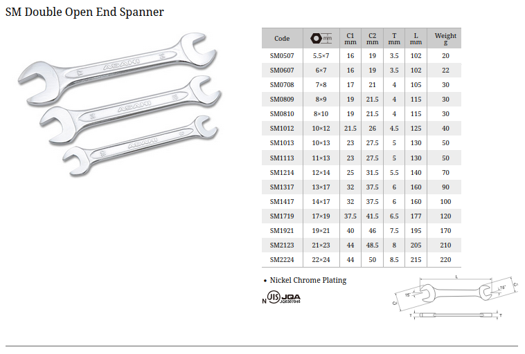 Asahi SMS621H 6pc Double Open End Spanner Set