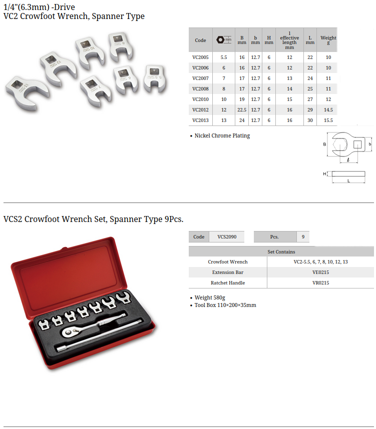 Asahi VCS2090 VCS2 Crowfoot Wrench Set, Spanner Type 9Pcs.