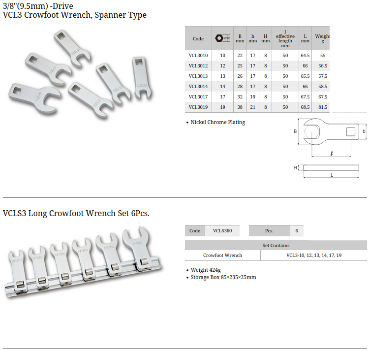 Asahi VCLS360 3/8" DRIVE LONG CROWFOOT SET
